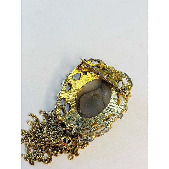 Vintage Gold Filigree Brooch With Agate-Style Stone & Dangling Chains Ornate Des - Picture 4 of 7